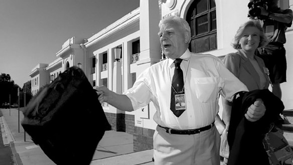 Bruce Ruxton has harsh words for an irish protestor as he arrives for the Constitutional Convention. Picture: Michael Bowers