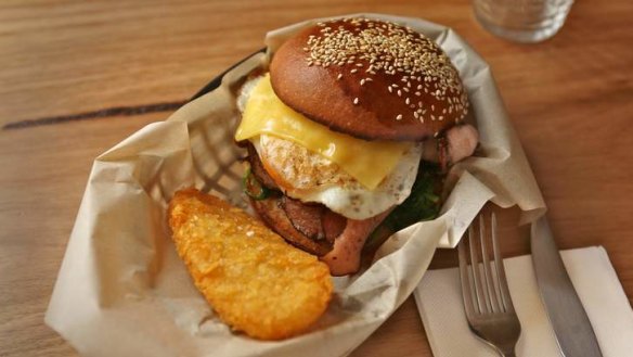 The brekkie burger at St Rose cafe.