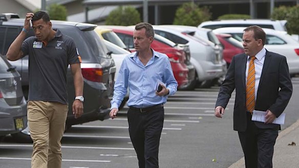 Israel Folau, David Matthews and Nick Johnston arrive for the GWS media conference yesterday.