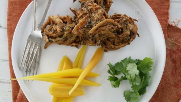 Carrot and curry leaf bhajis, pickled carrots.