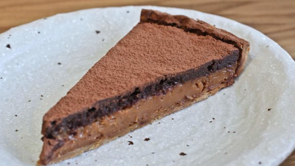 Caramel tart with chocolate ganache.