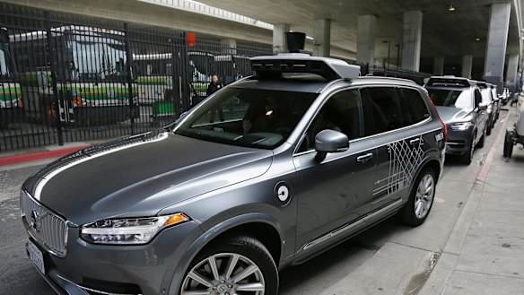 An Uber driverless car heads out for a test drive in San Francisco.