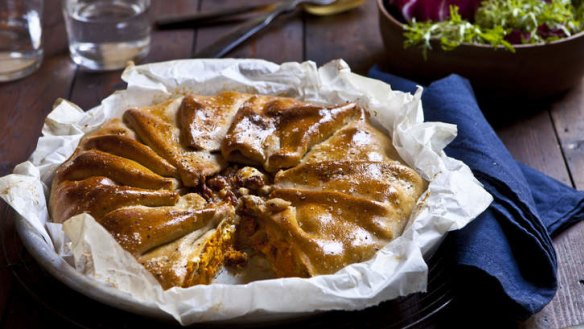 Pumpkin and feta pie with olive-oil pastry.