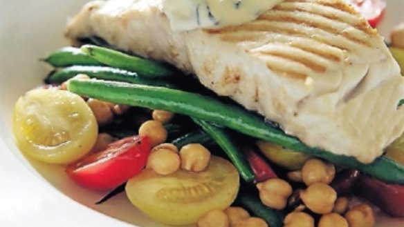 Chargrilled blue-eye cod with green beans, tomatoes and chickpeas