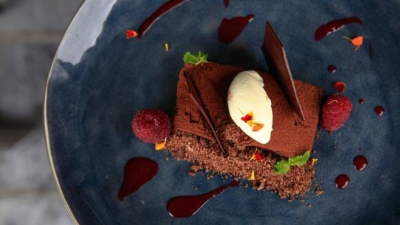 Hedonistic: The 'Night Garden' comprises a chocolate marquis-like cake, raspberries, chocolate soil and creme fraiche.