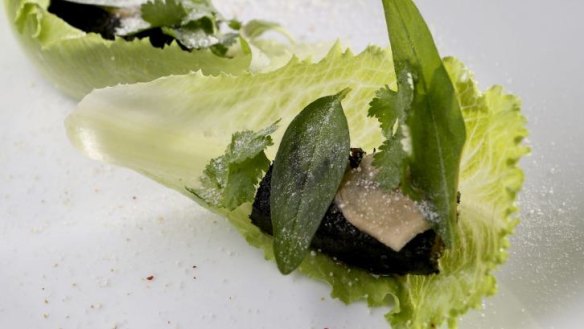 Blood pudding served in a cosberg lettuce leaf at Anchovy.