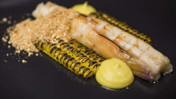 Flavours pop: Prawns, char-grilled corn, miso corn butter and curry oil.