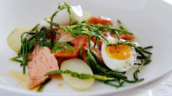 The saltwater flavour of native samphire works perfectly in this smoked trout dish.