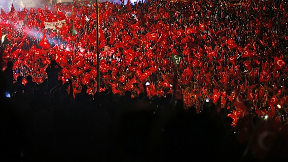 Pro-government supporters protest on the road leading to Istanbul's iconic Bosporus Bridge, on Thursday.