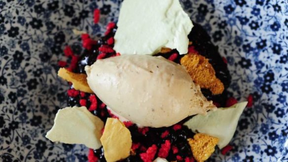 Black rice pudding, coconut ice-cream, golden honeycomb and lime meringue.