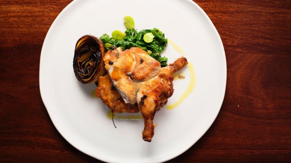 Roast spatchcock, blackened onion, broad beans and brassicas. 