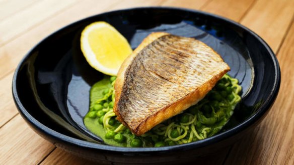 New Zealand line-caught snapper with fresh linguine and peas.