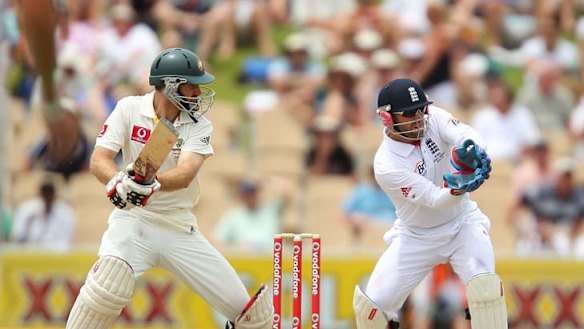 Simon Katich bats during day four of the Second Ashes Test match in Adelaide last year.