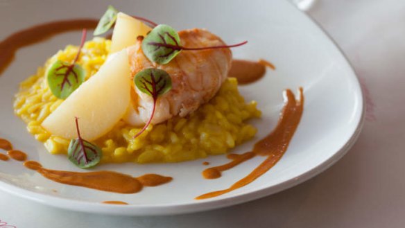 Saffron risotto with Moreton Bay bug and poached pear.
