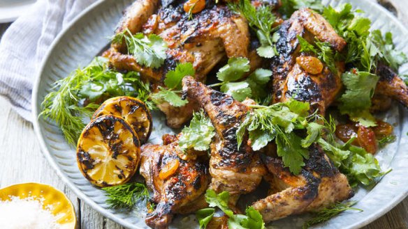 Chargrilled poussins with golden raisins, lemon, chilli and soft herbs.