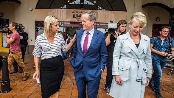 Bill Shorten in the electorate of Longman with Susan Lamb, left, and his wife Chloe Shorten.