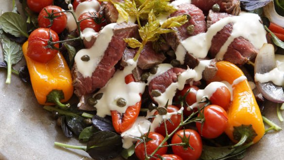 Rare roast beef, sweet roasted peppers with tatsoi and horseradish cream.