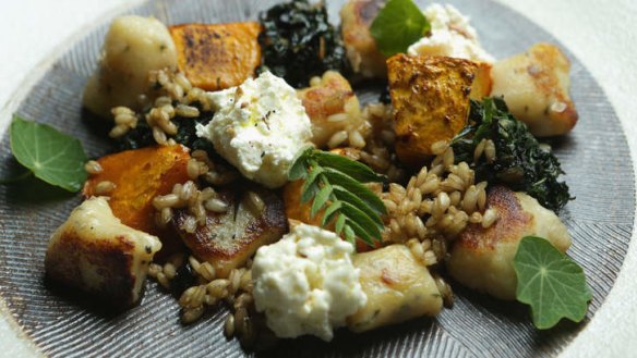 Sage-flecked gnocchi with pumpkin, silverbeet and labna.