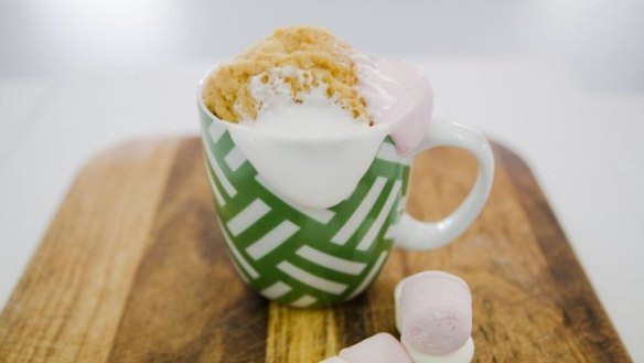 Office indulgence: A marshmallow and peanut butter mug cake.