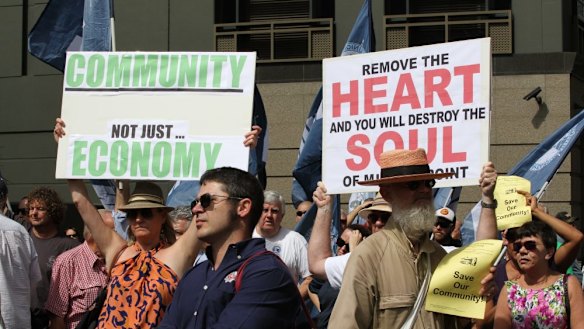 Millers Point public housing tenants and others protest against the plan to evict them and sell the properties to fund more social housing in 2013.
