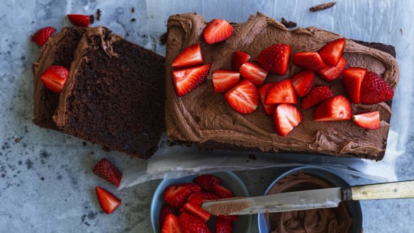 Beetroot chocolate cake with "the world's easiest icing" and fresh strawberries.