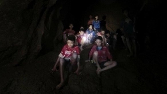 The boys and their soccer coach as they were found in a partially flooded cave, in Mae Sai, Chiang Rai, Thailand. 