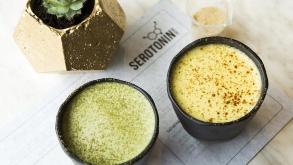 Golden latte (right) and a matcha latte.