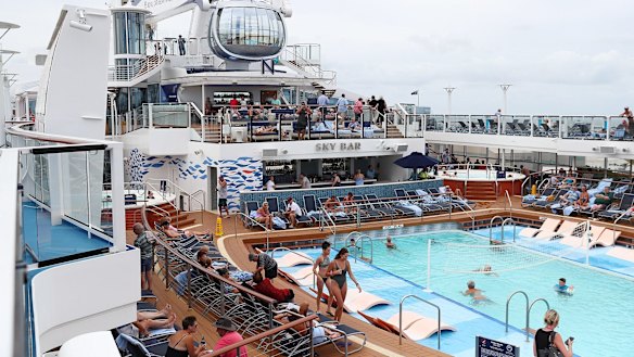 One of many pools on the pool deck of Royal Caribbean's 374-metre long Ovation of the Seas, which is the largest cruise ship in Australia.