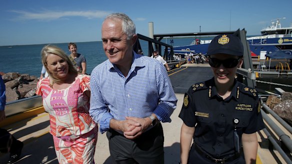 Prime Minister Malcolm Turnbull after he visited Border Force onboard the Cape Jervis patrol boat with local member Natasha Griggs in Darwin on Tuesday.