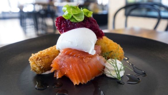 Citrus cured ocean trout, potato and fennel croquettes, beetroot relish, poached egg and lemon labna.