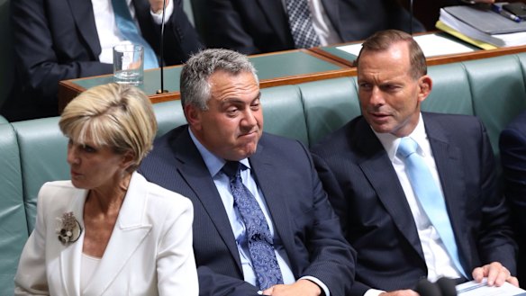 Foreign Minister Julie Bishop, Treasurer Joe Hockey and Prime Minister Tony Abbott in Question Time on Monday.