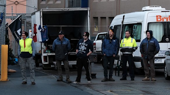 Sacked maintenance workers on the picket line outside the Carlton & United Breweries in Abbotsford.