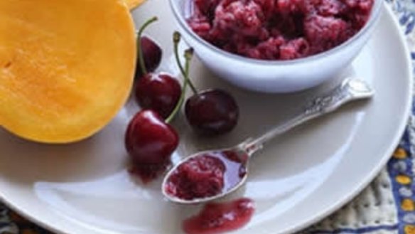 Mango cheeks with cherry granita