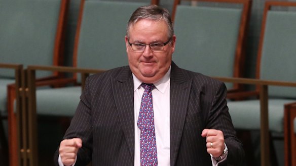 Liberal MP Ewen Jones celebrates his dorothy dixer question during question time on Tuesday.