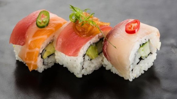 Shopping break sushi: Rainbow inside out roll.