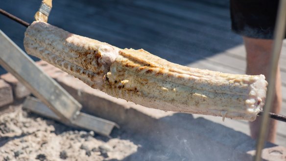 Crocodile tail cooked long and slow over coals at Bamurru's luxury lodge.