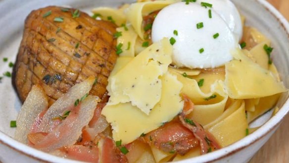 A bowl of breakfast carbonara at the Morning After.