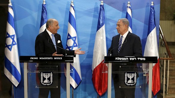 France's Foreign Minister Laurent Fabius and Israel's Prime Minister Benjamin Netanyahu in Jerusalem on Sunday. 