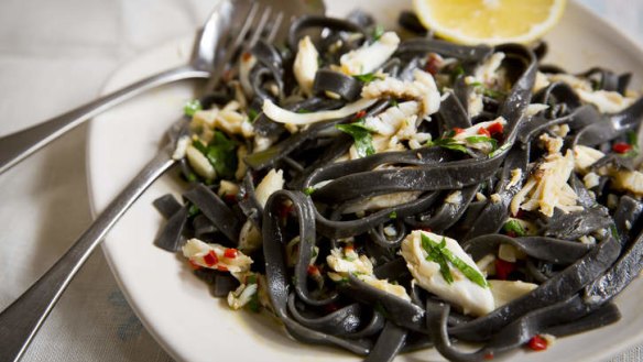 Crab, chilli, garlic, wine are all you need to compliment this squid ink fettuccine.