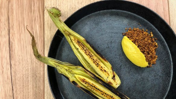 Grilled baby corn with fermented beancurd and typhoon shelter crumb at Sunda.