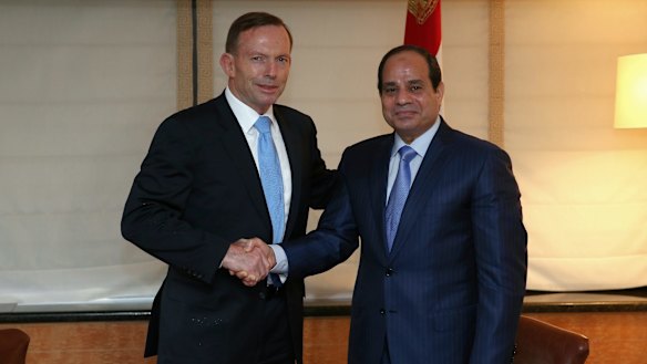 Then prime minister Tony Abbott meets Egyptian President Abdel-Fattah al-Sisi in New York in September 2014. 