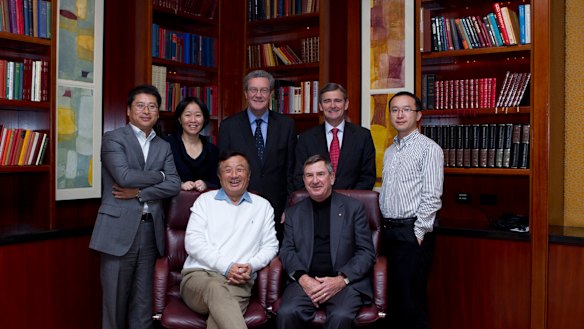 Huawei's first local board was formed in Australia in June 2011. From the left: Jeff Liu, regional president; Chen Lifang, global director; Alexander Downer, independent director; John Brumby, independent director; Guo Fulin, Australia CEO with Ren Zhengfei, Huawei founder and CEO and John Lord, Australian Chairman in the front row.