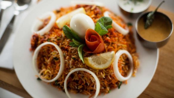 The chicken 65 biryani is a specialty.