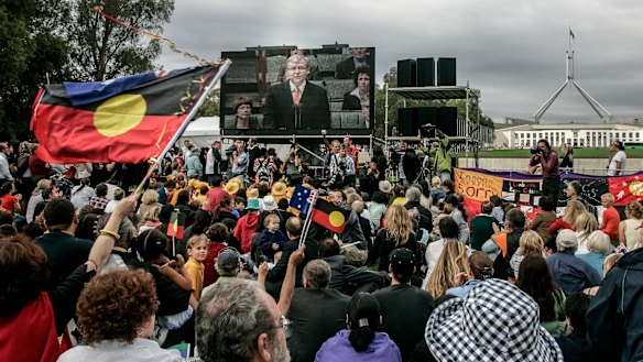 Crowds of people gathered on the lawns in front of Old Parliament House to listen to Rudd's speech.