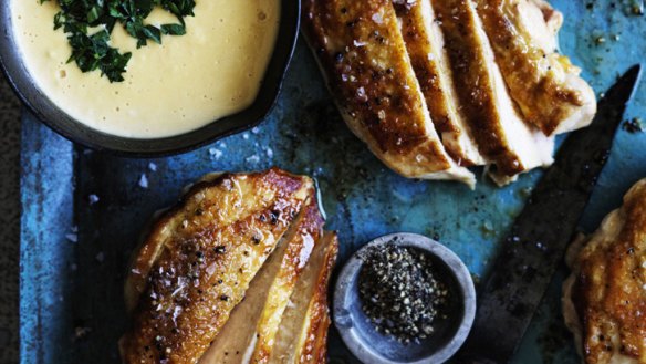 Homemade horeseradish cream gives pan-fried chicken breast a tasty lift.