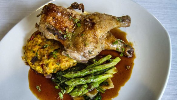 Spatchcock with corn fritter, asparagus and braised radicchio.