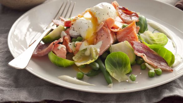 Hot smoked salmon, peas and a poached egg.