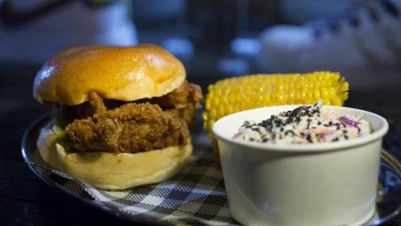 Fried chicken sandwich, with miso corn.