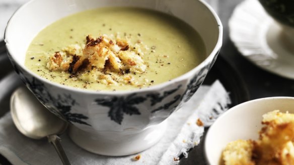 Cream of asparagus soup with parmesan croutons.
