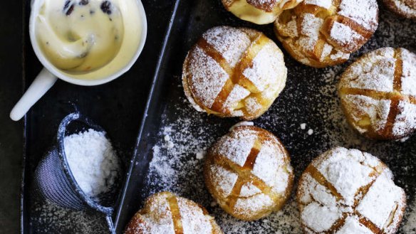 Hot cross choux creams for a luxurious spin on buns.